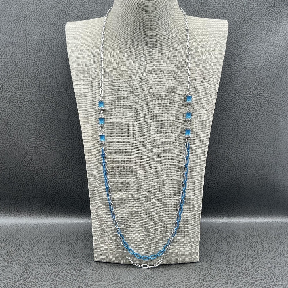 Lia Sophia Layered Necklace Silver Tone Blue Chain Crystal Station Adjustable